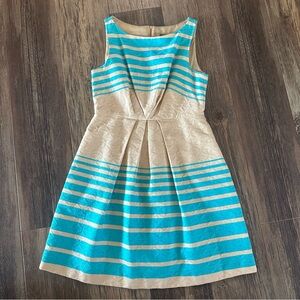 Taylor women's 8 turquoise blue and beige striped sleeveless cotton dress